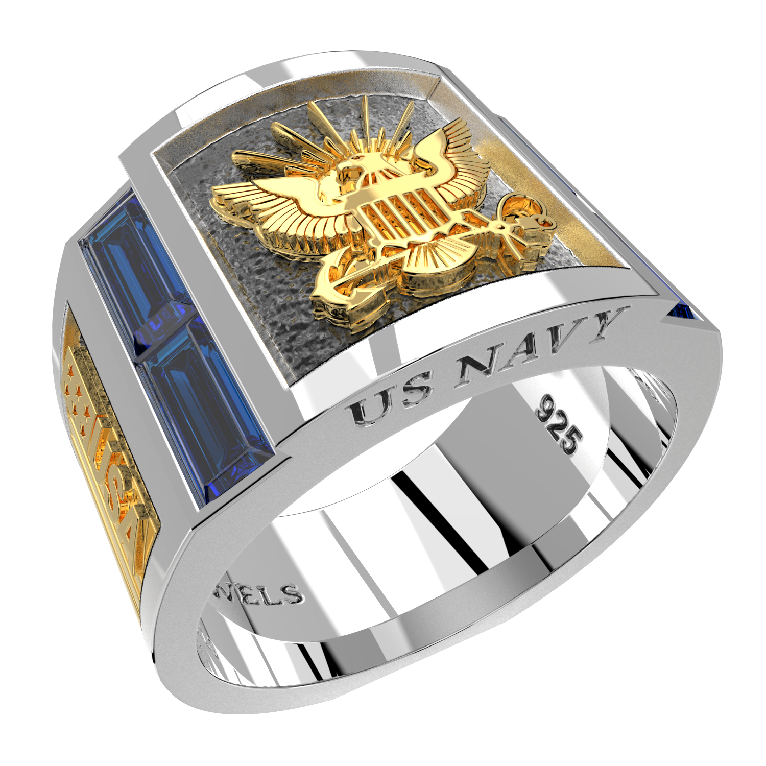 Sterling Silver Two Tone US Navy Solid Back Ring