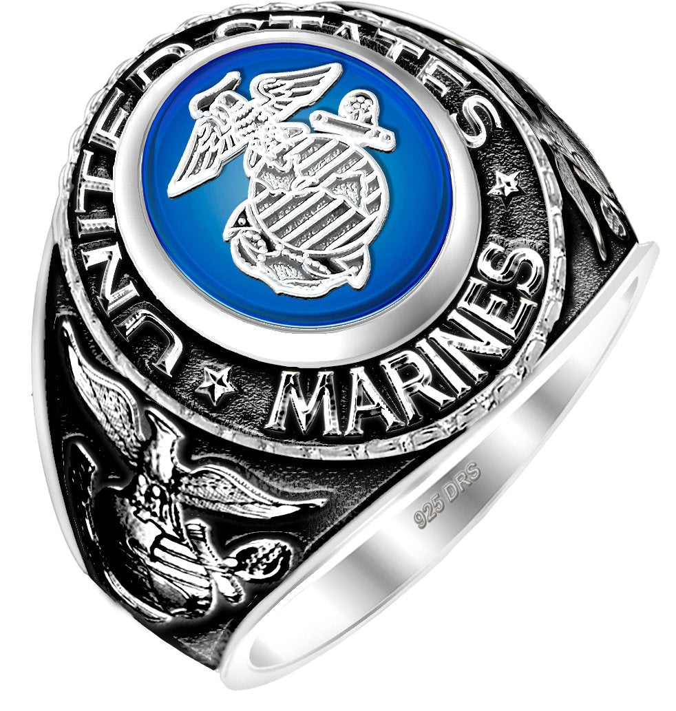 Antiqued Sterling Silver or Vermeil USMC Solid Ring in blue color