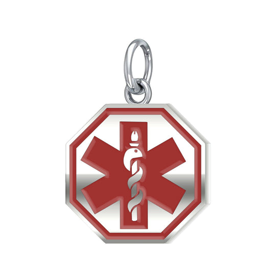 Ladies 925 Sterling Silver Octagon Red Medical Pendant, 1/2 inch