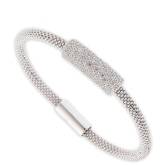 Ladies Silver 7in Mesh Bangle Bracelet with CZ