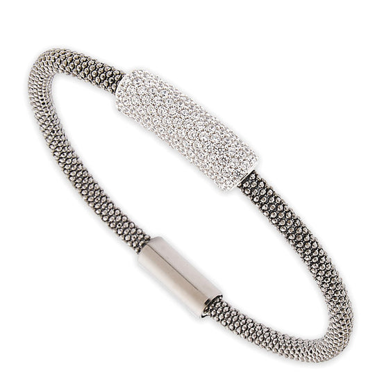 Ladies Silver 7in Black Mesh Bangle Bracelet with CZ