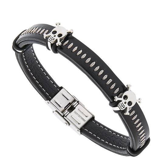 Black Leather 8in Bracelet with Skulls