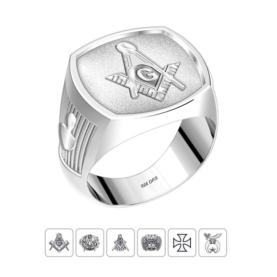 Customizable 0.925 Sterling Silver with Optional 10K or 14K Trim Solid Back Masonic Ring