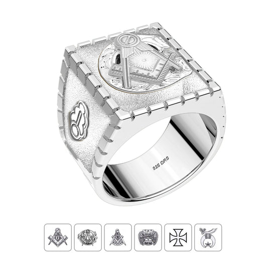 Customizable 925 Sterling Silver with Optional 10K or 14K Trim Solid Back Masonic Ring