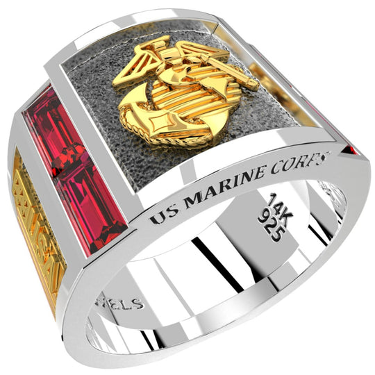 925 Sterling Silver & 14k US Marine Corps Solid Back Ring with Synthetic Rubies