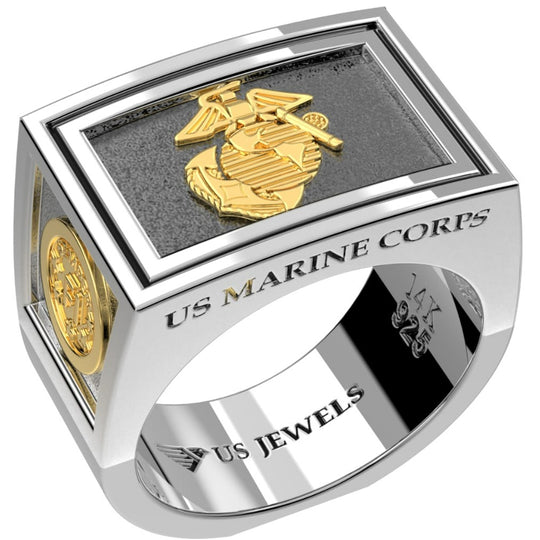 925 Sterling Silver & 14k US Marine Corps Solid Back Ring