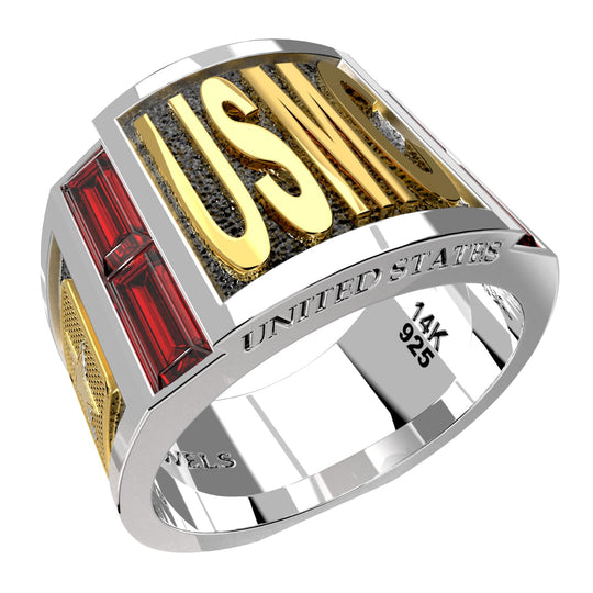 Men's Two Tone 925 Sterling Silver and 14k Yellow Gold Synthetic Rubies US Marine Corps USMC Ring