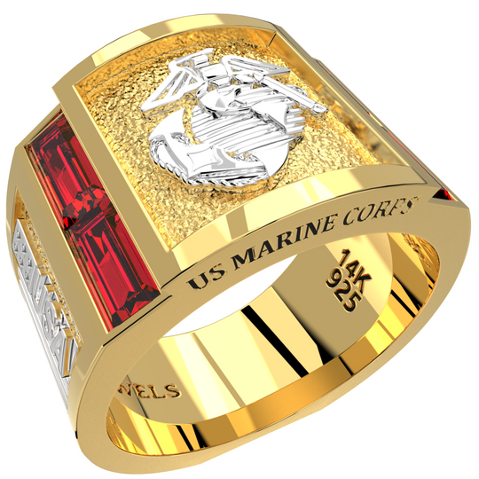 10k or 14k Yellow or White Gold US Marine Corps Solid Back Ring with Synthetic Rubies
