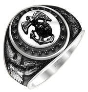 Antiqued Sterling Silver US Marine Corps Solid Ring
