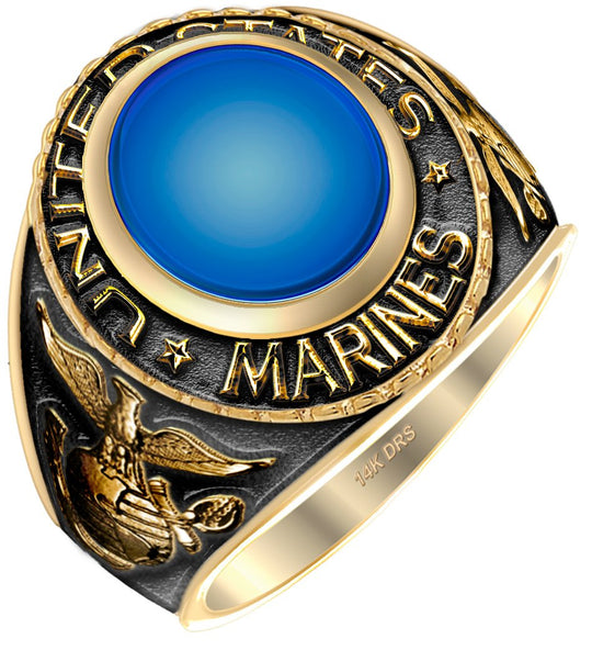 Antiqued 14k or 10k Yellow or White Gold US Marine Corps Solid Back Ring