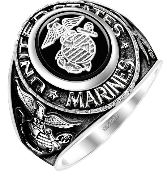 Antiqued 14k or 10k Yellow or White Gold US Marine Corps Solid Back Ring