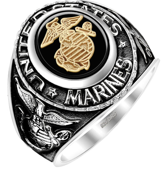 Antiqued 0.925 Sterling Silver or Vermeil US Marine Corps Solid Back Ring