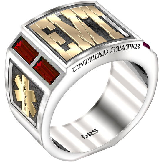 Men's Two Tone 0.925 Sterling Silver and 14k Yellow Gold Simulated Ruby EMT Medical Ring