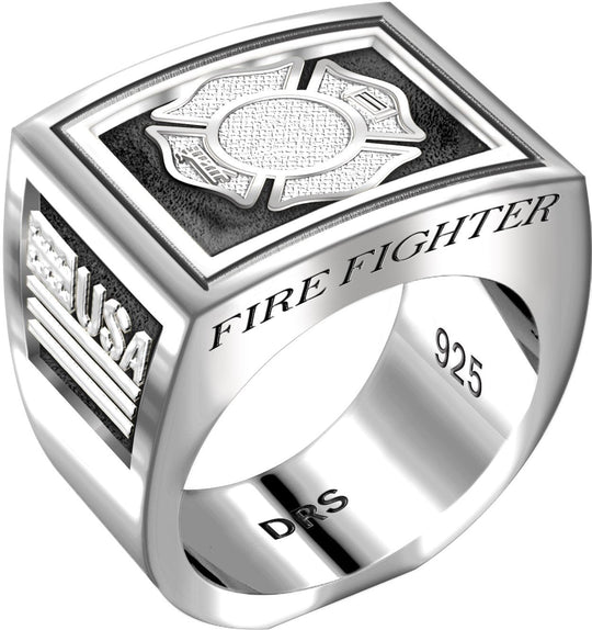 Men's Heavy 0.925 Sterling Silver Firefighter Ring Band