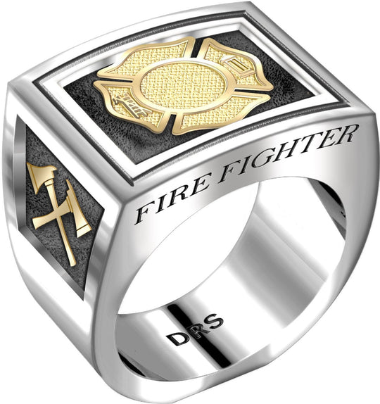 Men's Heavy Two Tone 0.925 Sterling Silver and 14k Yellow Gold Fire Fighter Ring Band