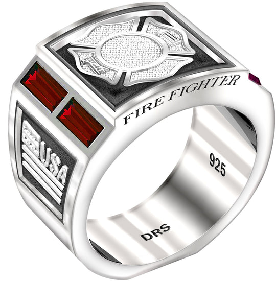 Men's 0.925 Sterling Silver Simulated Ruby Fire Fighter Ring