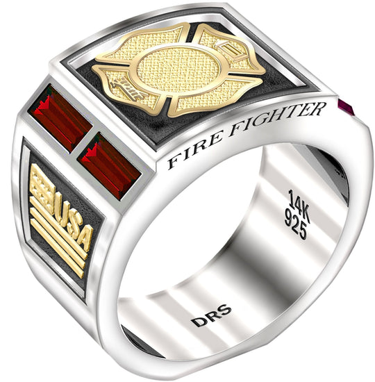 Men's Two Tone 0.925 Sterling Silver and 14k Yellow Gold Simulated Ruby Fire Fighter Ring