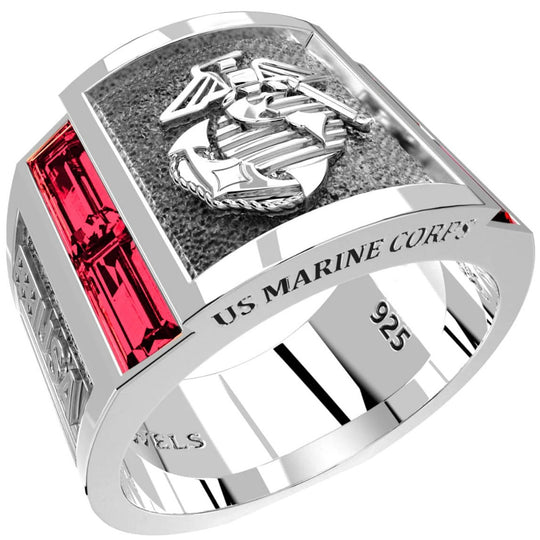 925 Sterling Silver US Marine Corps Solid Back Ring with Synthetic Rubies