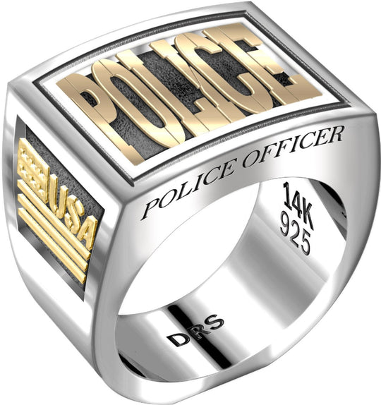 Men's Heavy Two Tone 0.925 Sterling Silver and 14k Yellow Gold Police Officer Ring Band