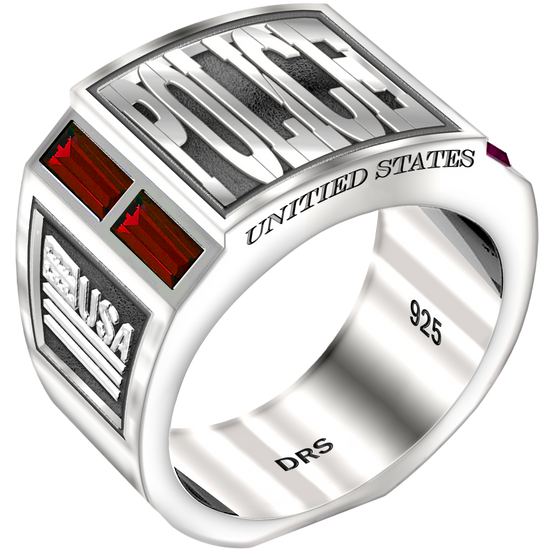 Men's 0.925 Sterling Silver Simulated Ruby Police Medical Ring
