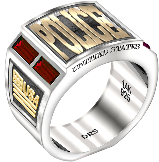 Men's Two Tone 0.925 Sterling Silver and 14k Yellow Gold Simulated Ruby Police Medical Ring