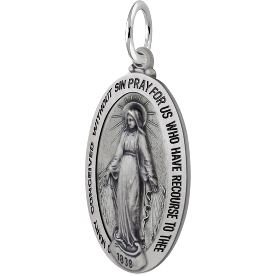 0.925 Sterling Silver 1.375in Oval Miraculous Virgin Mary Medal Pendant